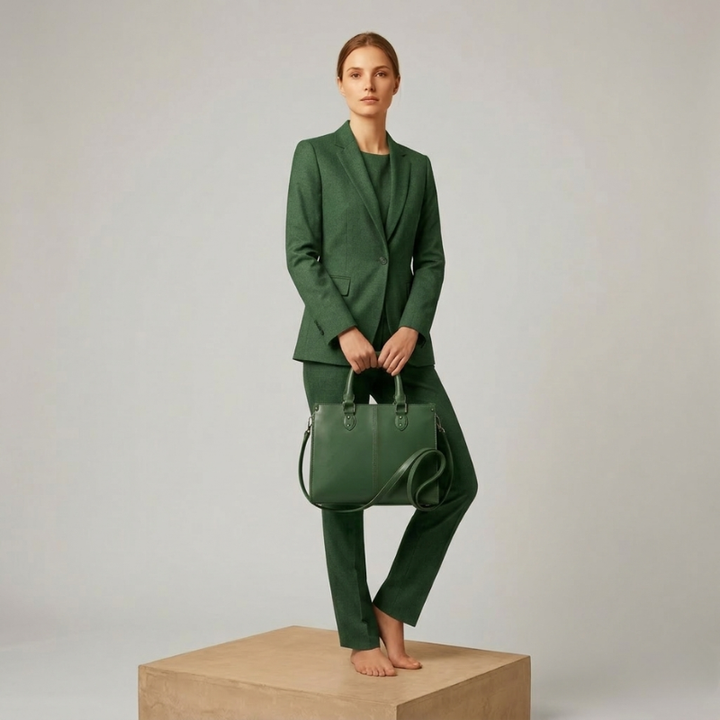 Woman in a green suit holding a matching handbag on a neutral background