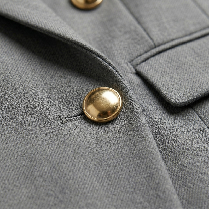 A macro close-up of the premium charcoal grey suit fabric and a detailed metallic gold button fastening.
