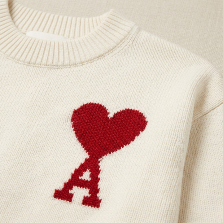 Close-up of the red heart and "A" textured logo embroidery on a cream knit crewneck sweater.