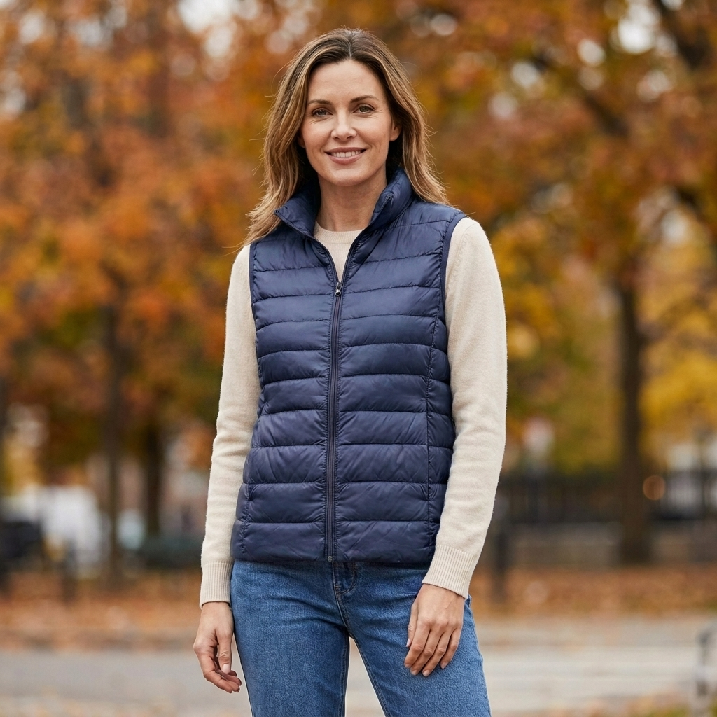 Woman wearing the Wynne ultra-lightweight puffer vest in navy blue