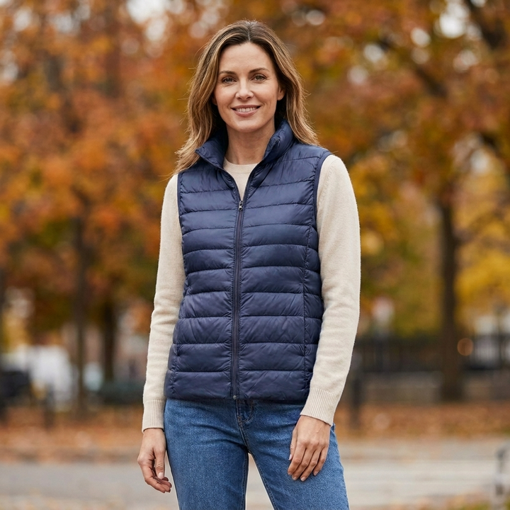 Woman wearing the Wynne ultra-lightweight puffer vest in navy blue