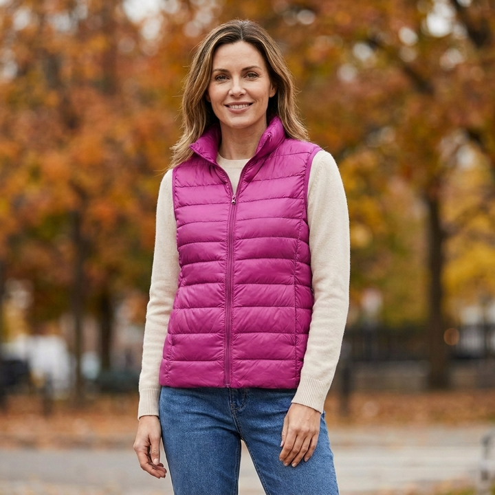 Woman wearing the Wynne ultra-lightweight puffer vest in rhodo magenta