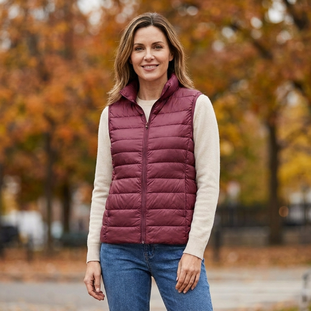 Woman wearing the Wynne ultra-lightweight puffer vest in burgundy