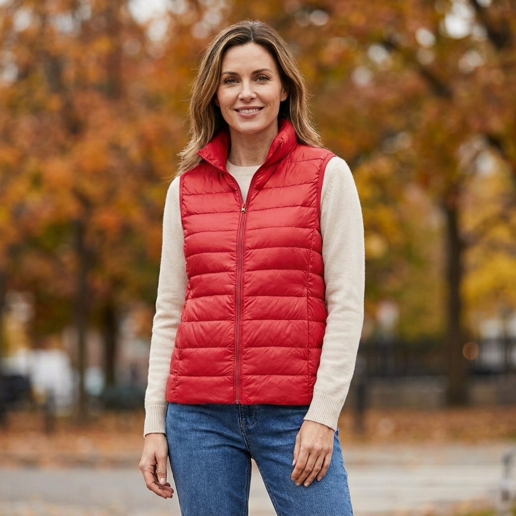 Woman wearing the Wynne ultra-lightweight puffer vest in red