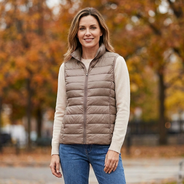 Woman wearing the Wynne ultra-lightweight puffer vest in khaki