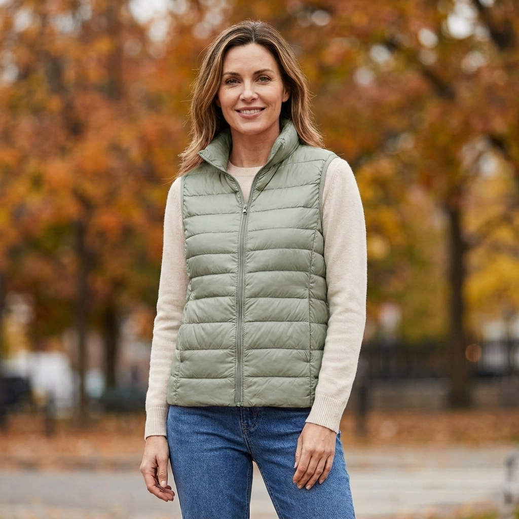 Woman wearing the Wynne ultra-lightweight puffer vest in pea green