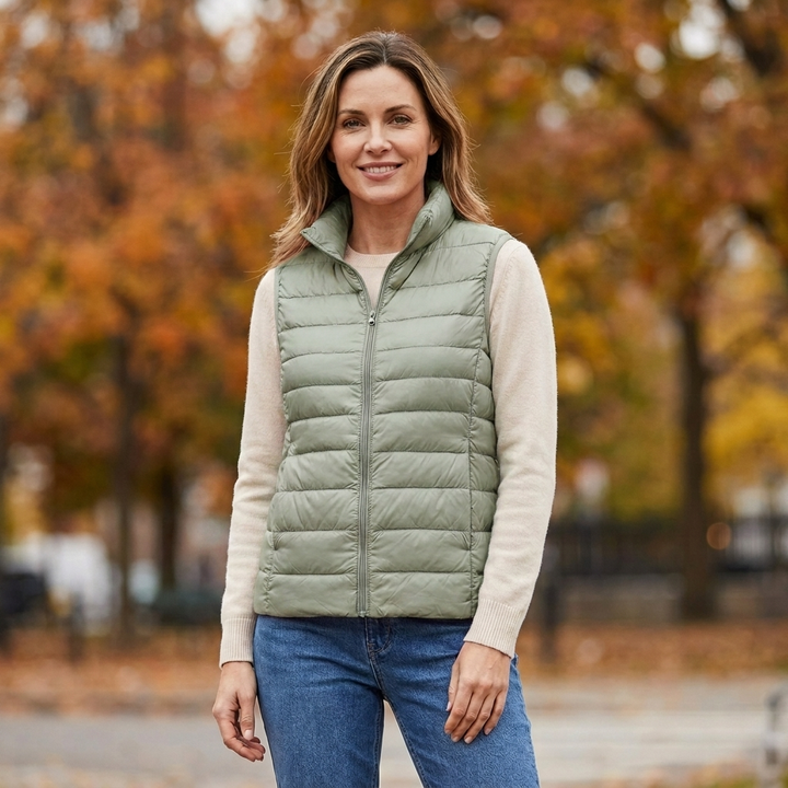 Woman wearing the Wynne ultra-lightweight puffer vest in pea green