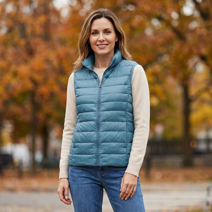 Woman wearing the Wynne ultra-lightweight puffer vest in light blue