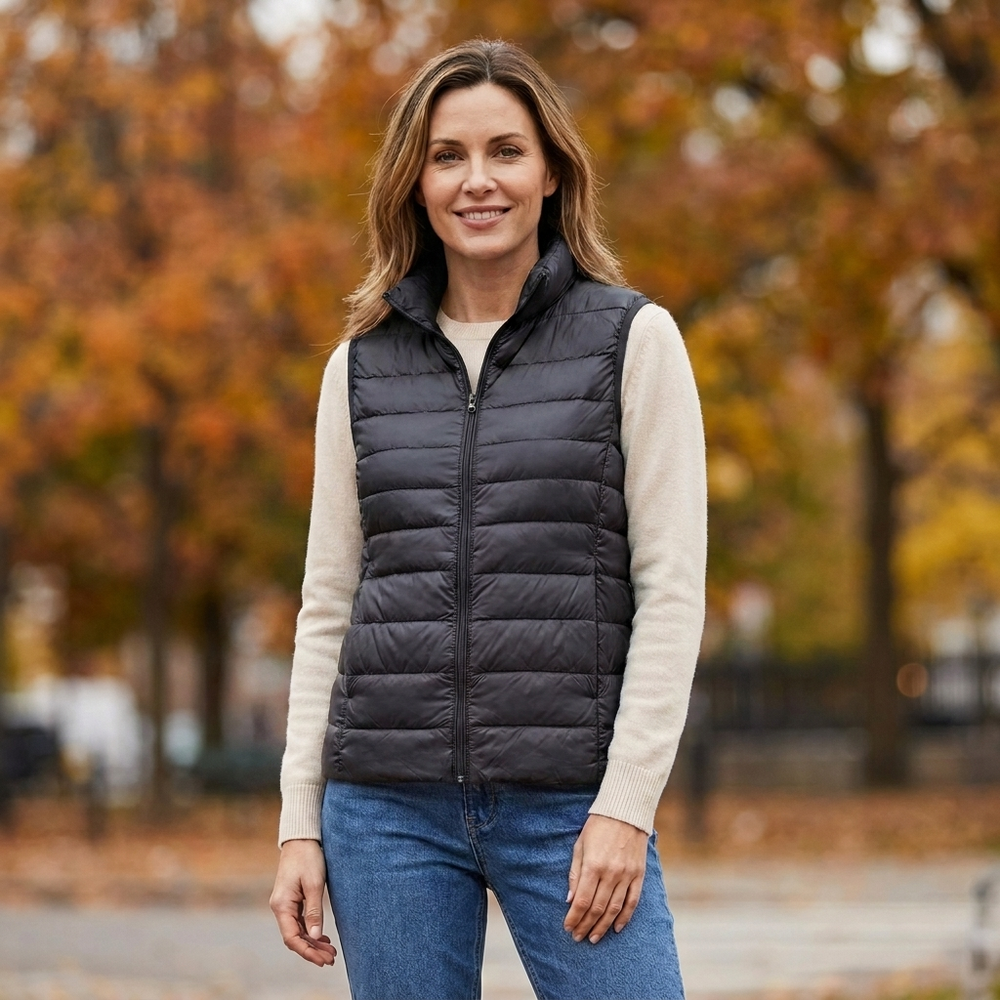 Woman wearing the Wynne ultra-lightweight puffer vest in black