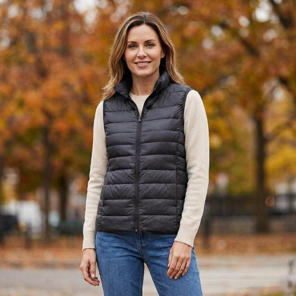 Woman wearing the Wynne ultra-lightweight puffer vest in black