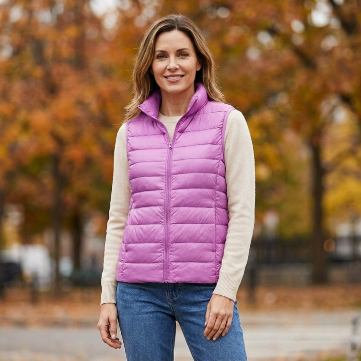 Woman wearing the Wynne ultra-lightweight puffer vest in purple