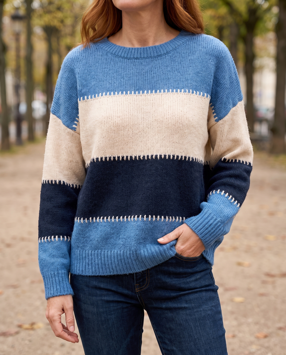 Women's Classic Striped Knit Sweater in Blue — front view