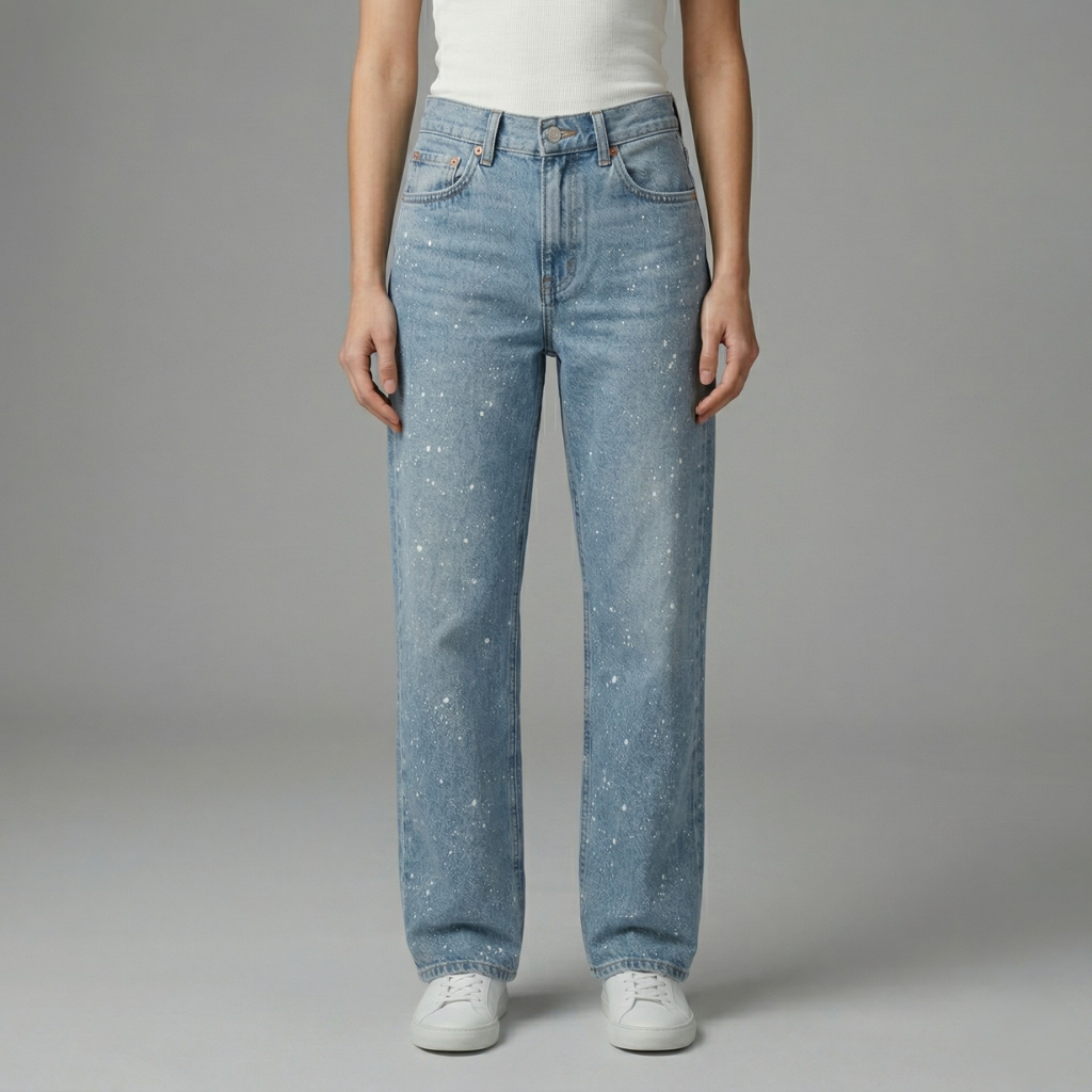 Studio shot of a model wearing high-rise straight-leg jeans with a light blue wash and artistic paint details.