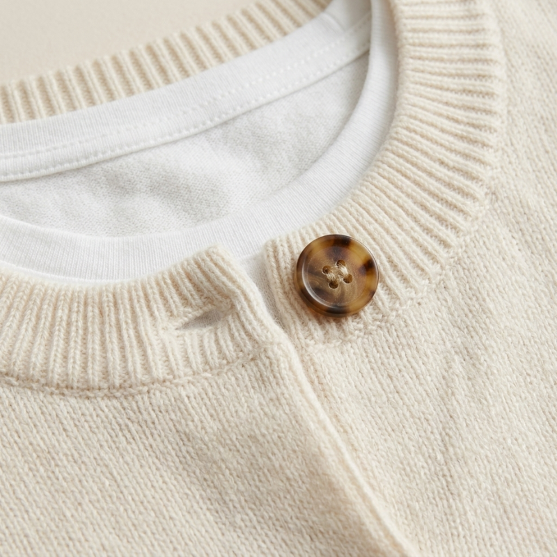 Close-up of a beige sweater with a tortoiseshell button on a neutral background
