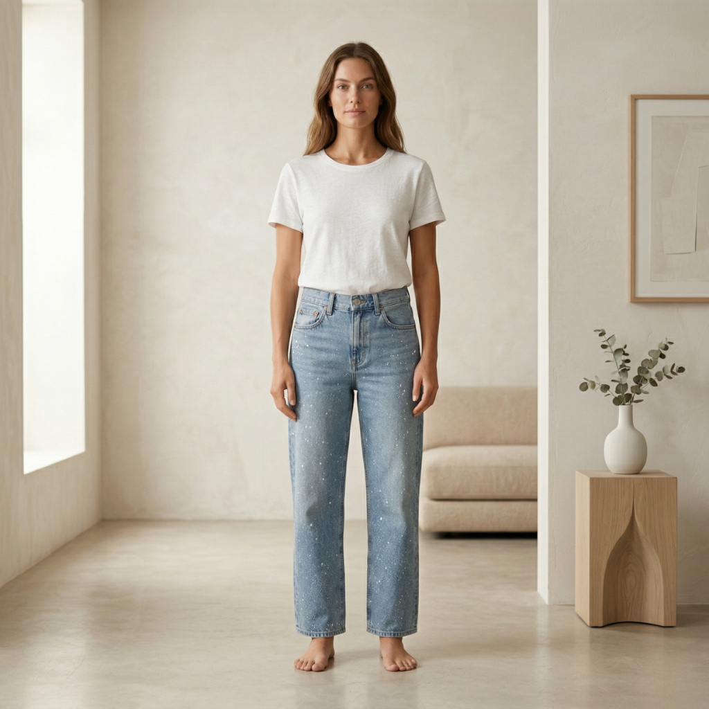 A woman wearing light wash straight-leg jeans with subtle white paint splatter details in a bright, minimalist room.