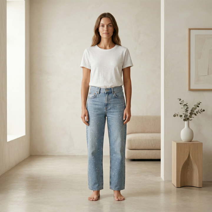 A woman wearing light wash straight-leg jeans with subtle white paint splatter details in a bright, minimalist room.