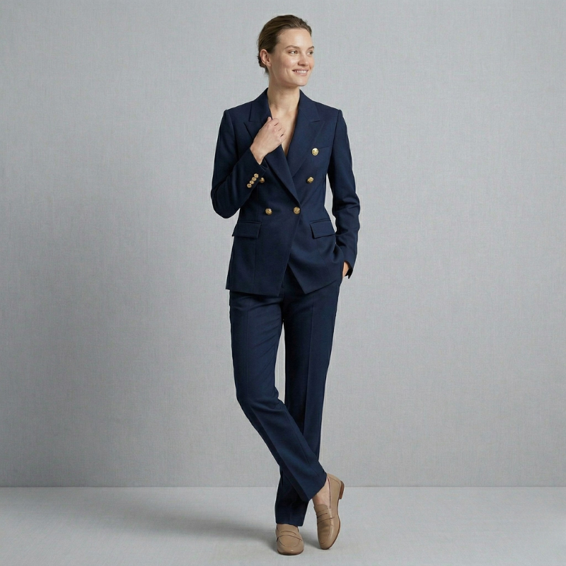 A woman wearing a classic navy blue double-breasted pantsuit, offering a bold and professional aesthetic.