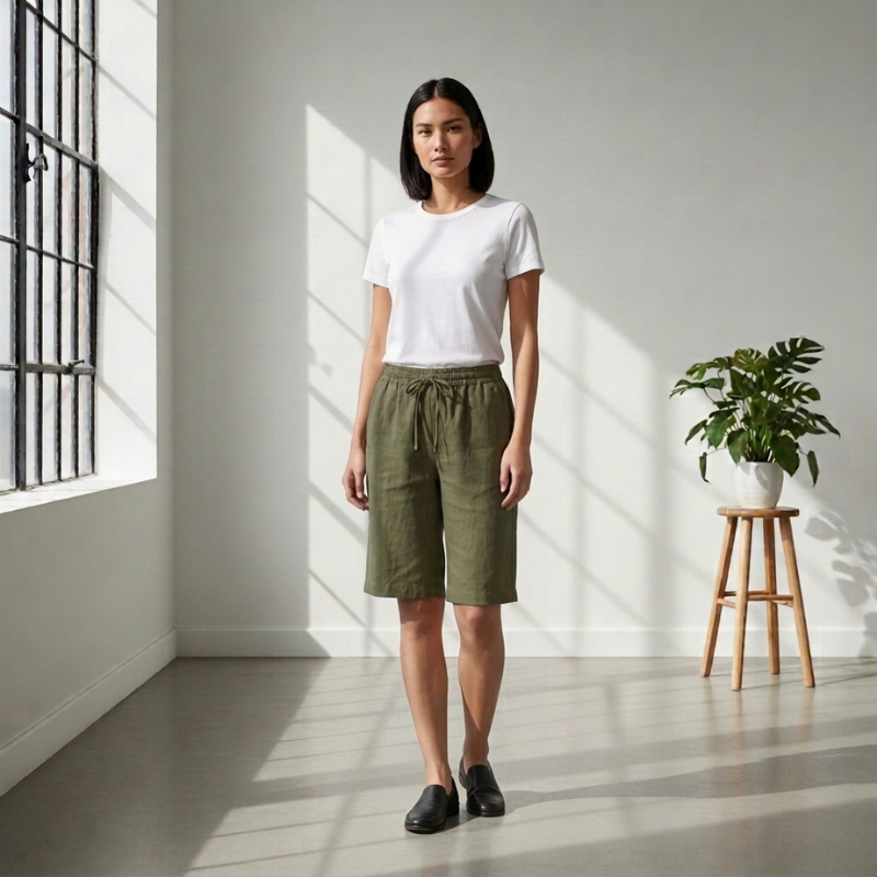 Woman wearing a white t-shirt and green shorts standing in a bright room with a plant on a stool.
