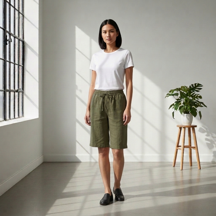 Woman wearing a white t-shirt and green shorts standing in a bright room with a plant on a stool.