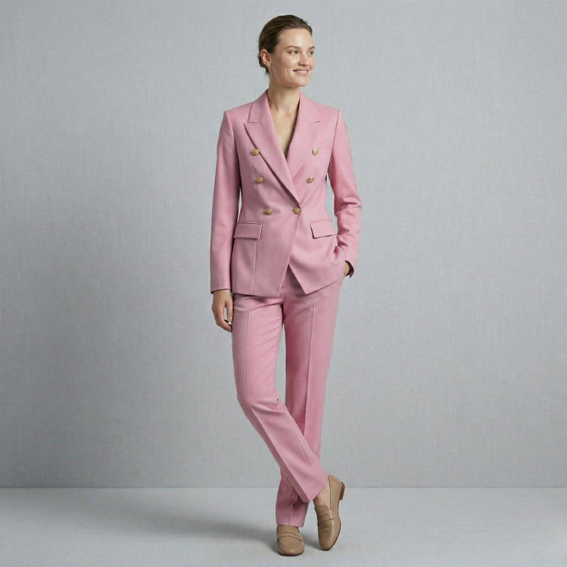 A modern pastel pink two-piece business suit featuring a double-breasted closure and gold-toned buttons.