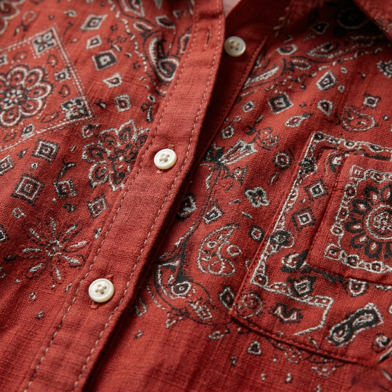 Close-up of the fabric, white buttons, and dark floral embroidery on a rust red cotton shirt.