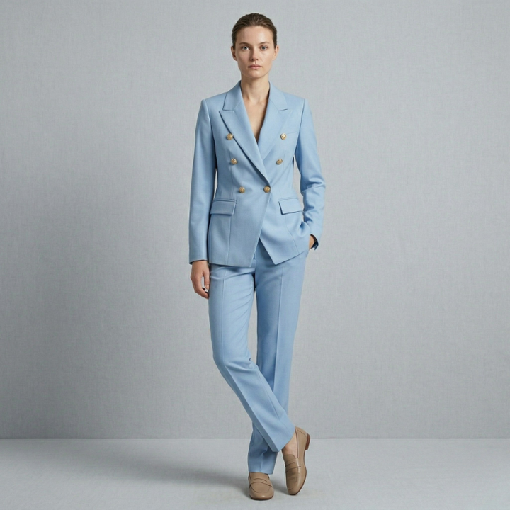 A female model posing in a light sky blue double-breasted blazer and matching slim-fit trousers.