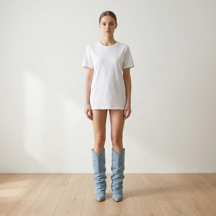 Person wearing a white t-shirt and light blue knee-high boots in a minimalistic setting