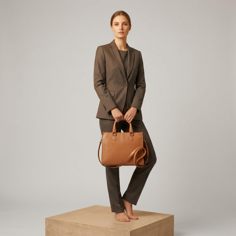 Woman in a brown suit holding a tan leather handbag on a neutral background