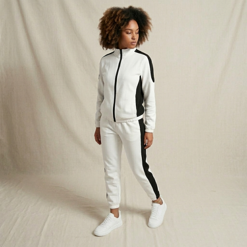 Person wearing a white and black tracksuit on a beige background