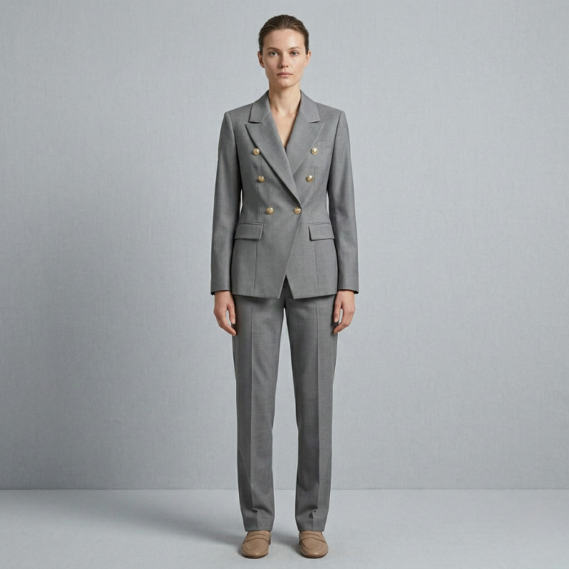 Front view of a tailored grey double-breasted suit for women, featuring a sharp silhouette and metallic button hardware.