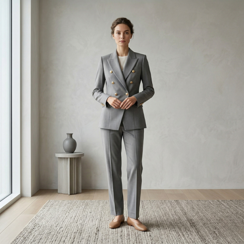 A woman wearing a sophisticated grey double-breasted power suit with gold buttons, standing in a minimalist, sun-drenched studio.